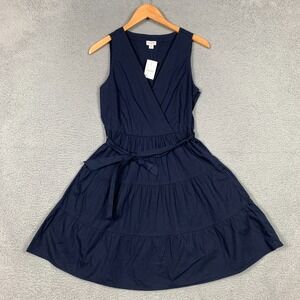 J.Crew‎ Faux-Wrap Mini Dress Sz 6 Navy Sleeveless Tiered Stretch Poplin NWT $110